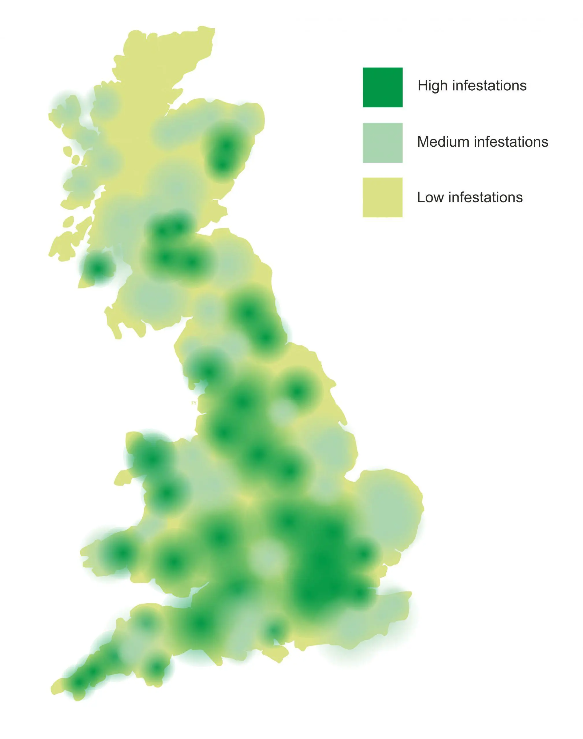 The map below shows the spread of Japanese knotweed in the UK. You can see how it's an invasive species, spreading from the south east to the west coast. It's a problem for property owners because it grows so quickly and is very hard to remove. 